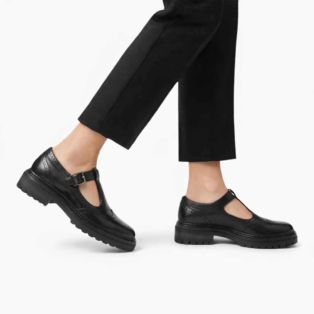 Gros plan sur la bride raffinée avec boucle argentée du mocassin en cuir vernis, assurant maintien.