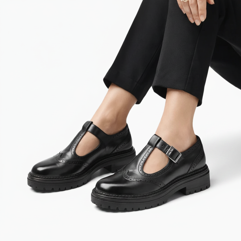 Détail du bout arrondi du mocassin plateforme noir, offrant confort et un design classique intemporel.