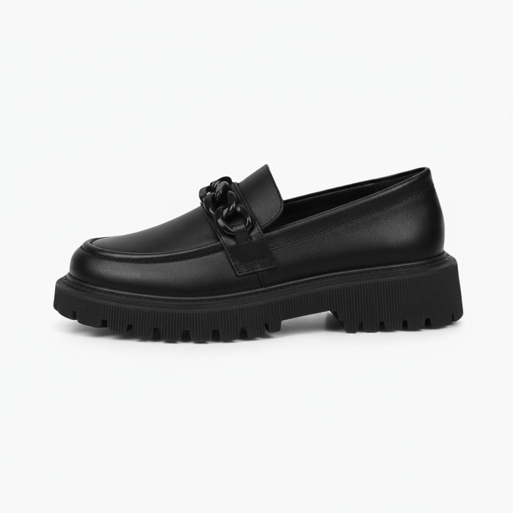 Mocassin Plateforme Noir Femme : L'Éclat Verni & la Chaîne Raffinée