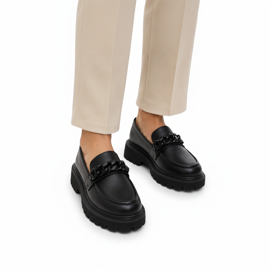 Chaînette métallique raffinée ornant le dessus du mocassin plateforme, ajoutant une touche chic.