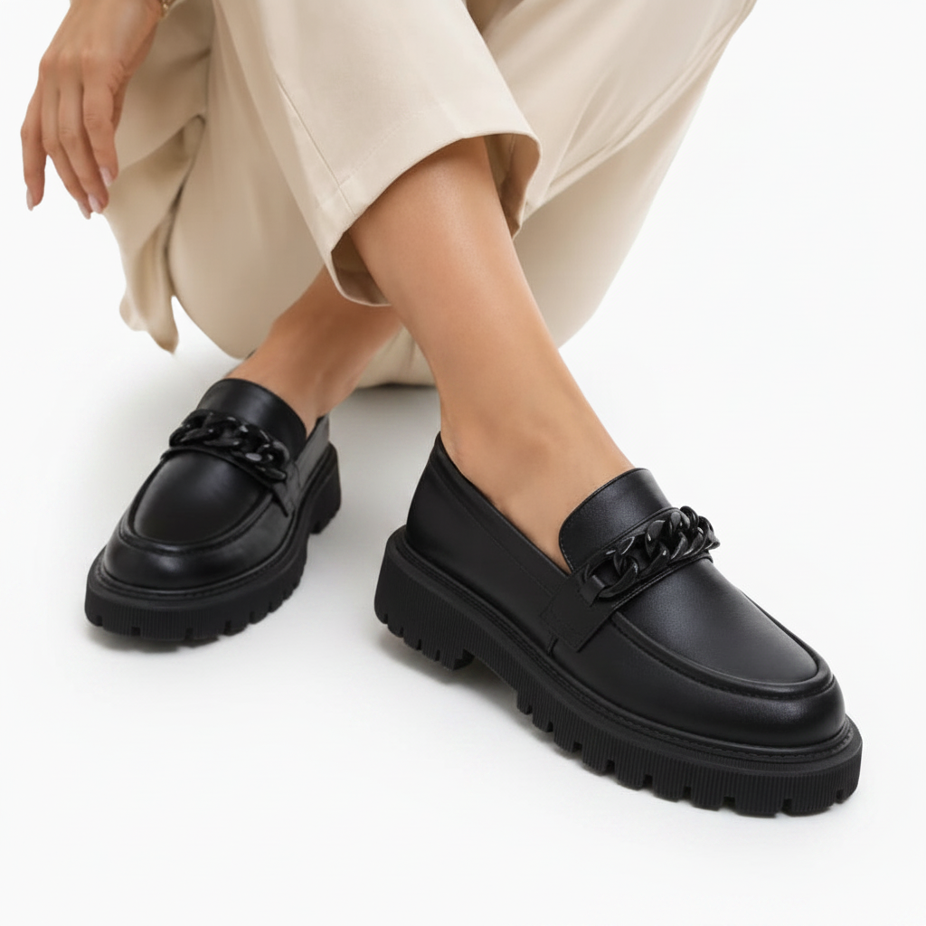 Détail de la plateforme discrète et confortable du mocassin noir, garantissant une démarche aisée.