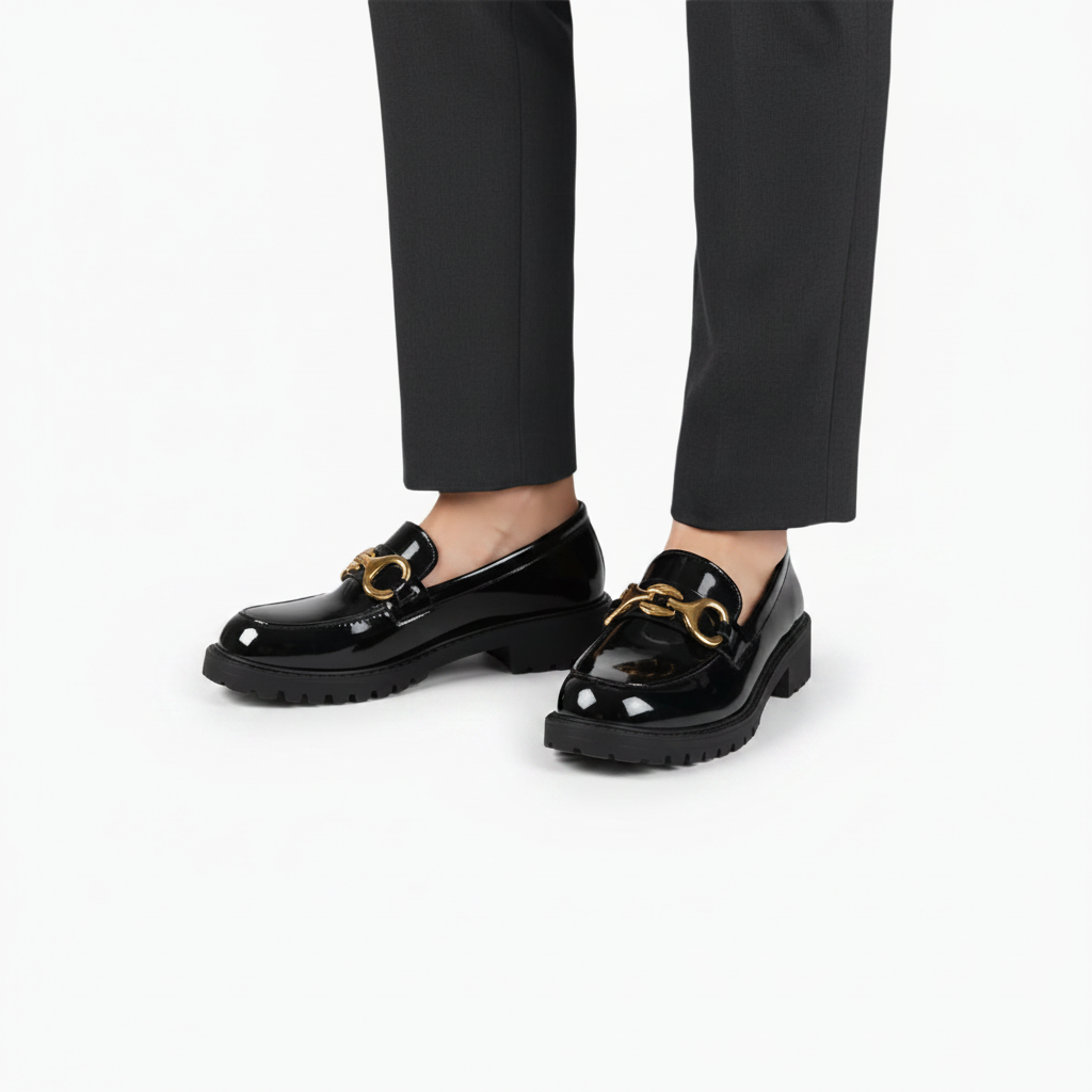 Détail du cuir vernis noir brillant et des surpiqûres délicates du mocassin tendance.