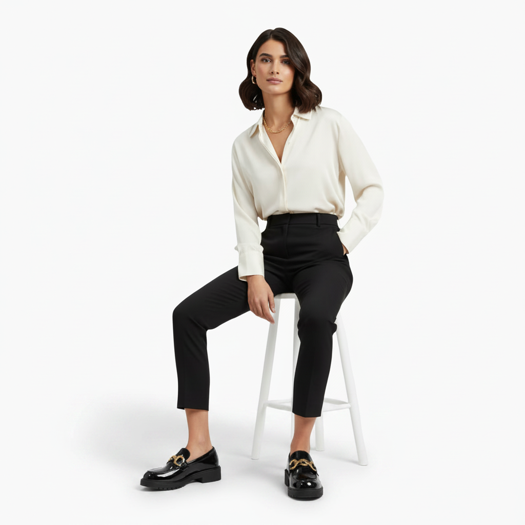 Femme marchant en ville, portant des mocassins plateformes noirs vernis pour une allure chic et décontractée.