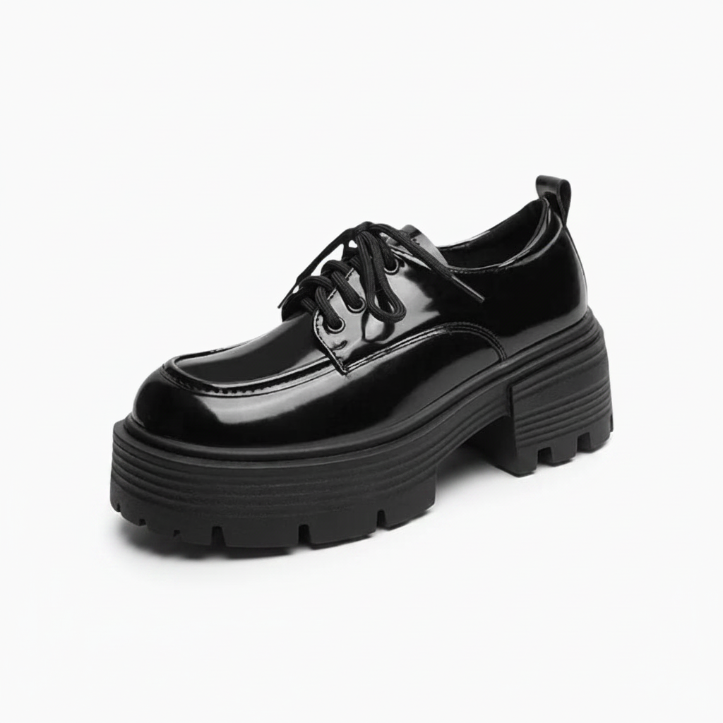 Mocassin plateforme vernis noir femme, vue de face élégante et brillante sur un fond neutre.