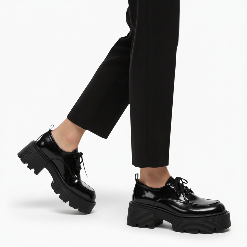 Gros plan sur la texture brillante du cuir vernis noir du mocassin, capturant son éclat raffiné.
