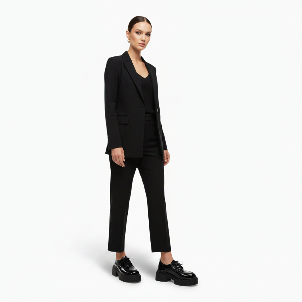 Mocassin plateforme noir porté par une femme marchant, incarnant l'élégance urbaine et le dynamisme.