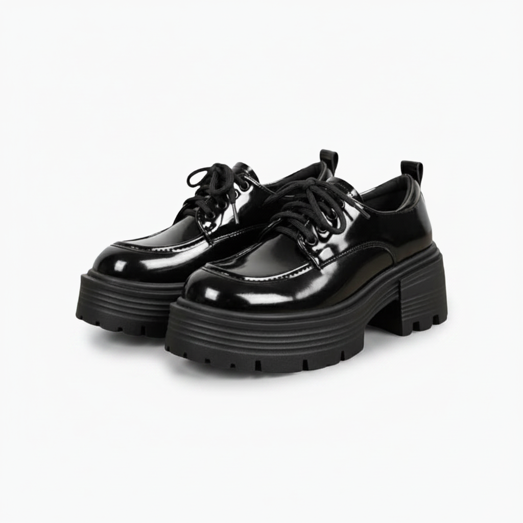 Paire de mocassins vernis noirs posée sur un sol clair, soulignant leur design intemporel et moderne.