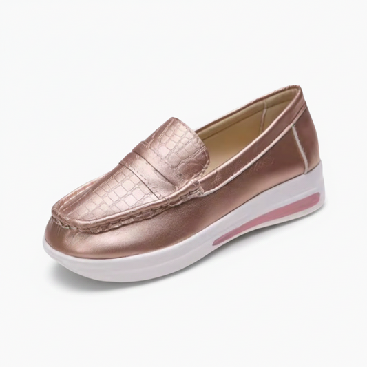 Mocassins roses pailletés pour femme, offrant un éclat festif et un confort exceptionnel pour toutes occasions.