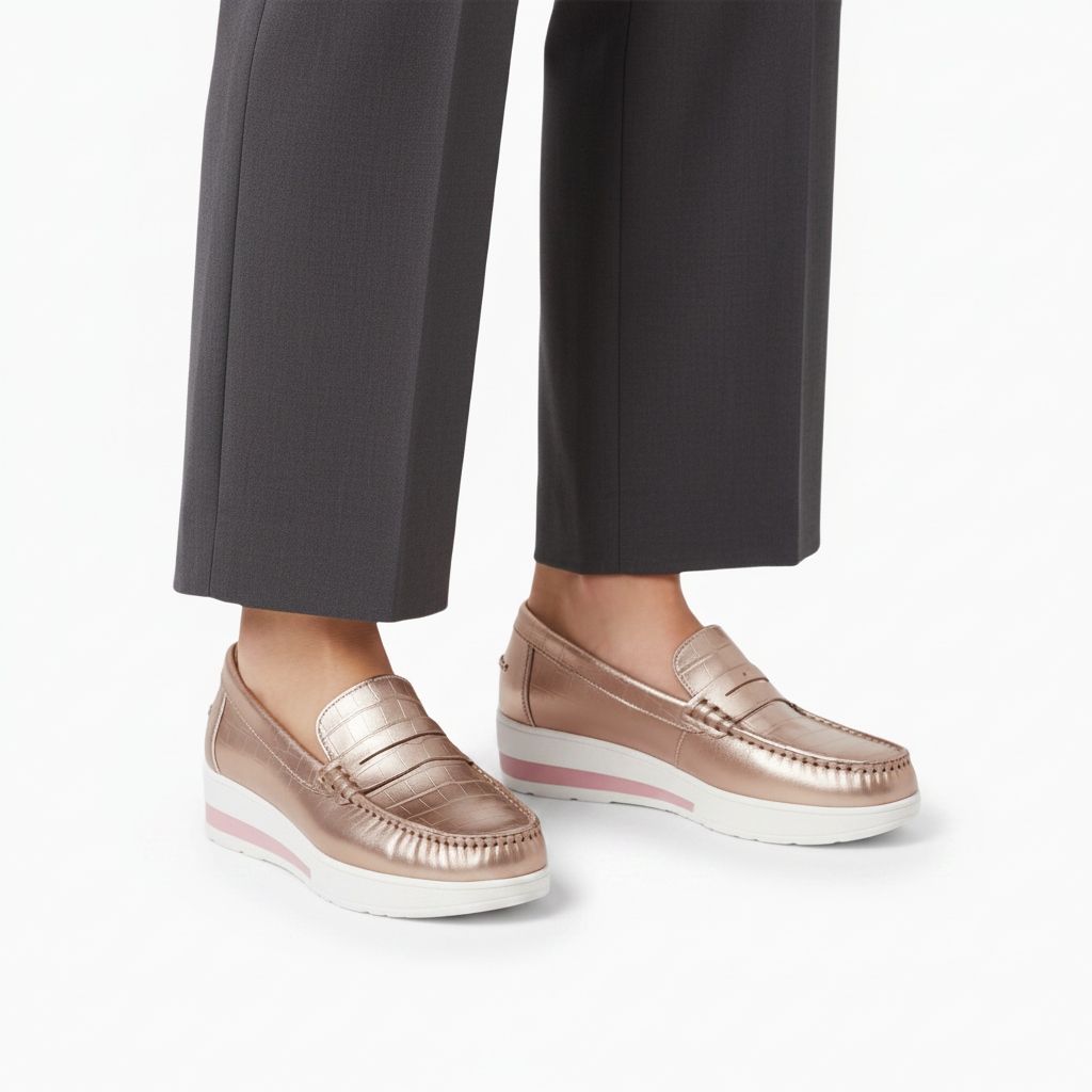 Paire de mocassins roses à paillettes, posée à plat, révélant la forme classique et le design glamour.