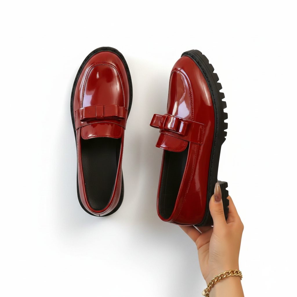 Vue latérale des mocassins femme rouge intense, soulignant leur silhouette classique et leur finition impeccable.