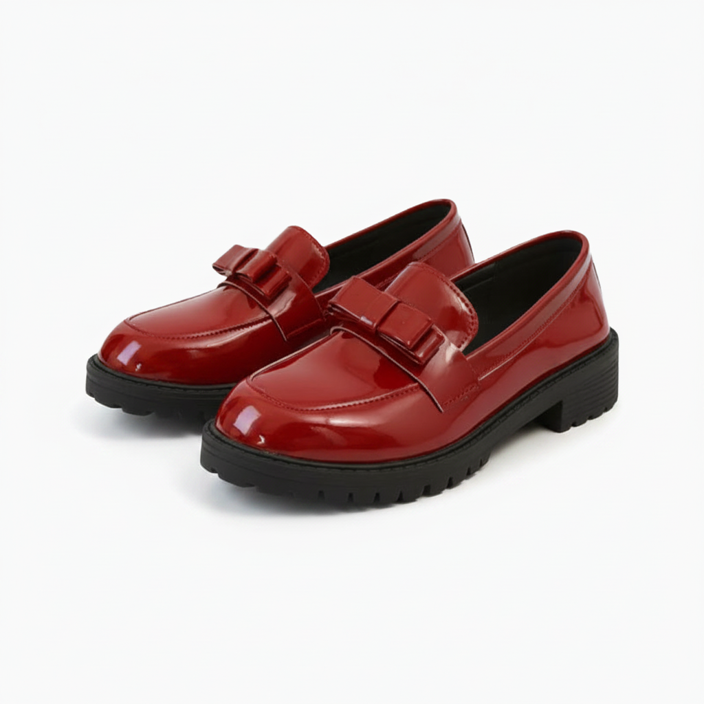 Femme marchant en ville, ses mocassins rouges brillants ajoutant une touche vibrante à son ensemble décontracté.