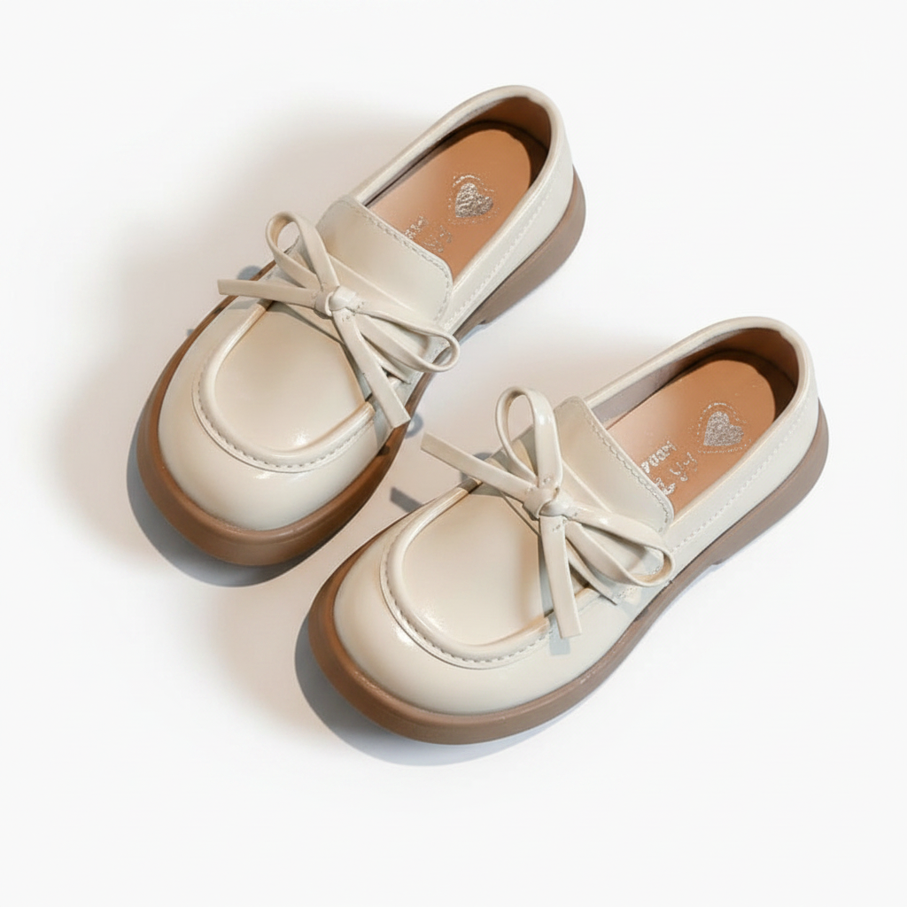 Fillette portant élégamment le mocassin beige, debout pour une occasion spéciale, confort garanti.