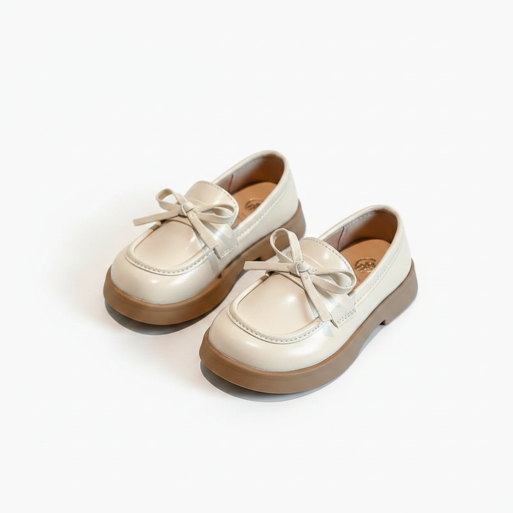 Mocassins vernis beiges aux pieds d'une enfant assise, détails parfaits pour un look raffiné.