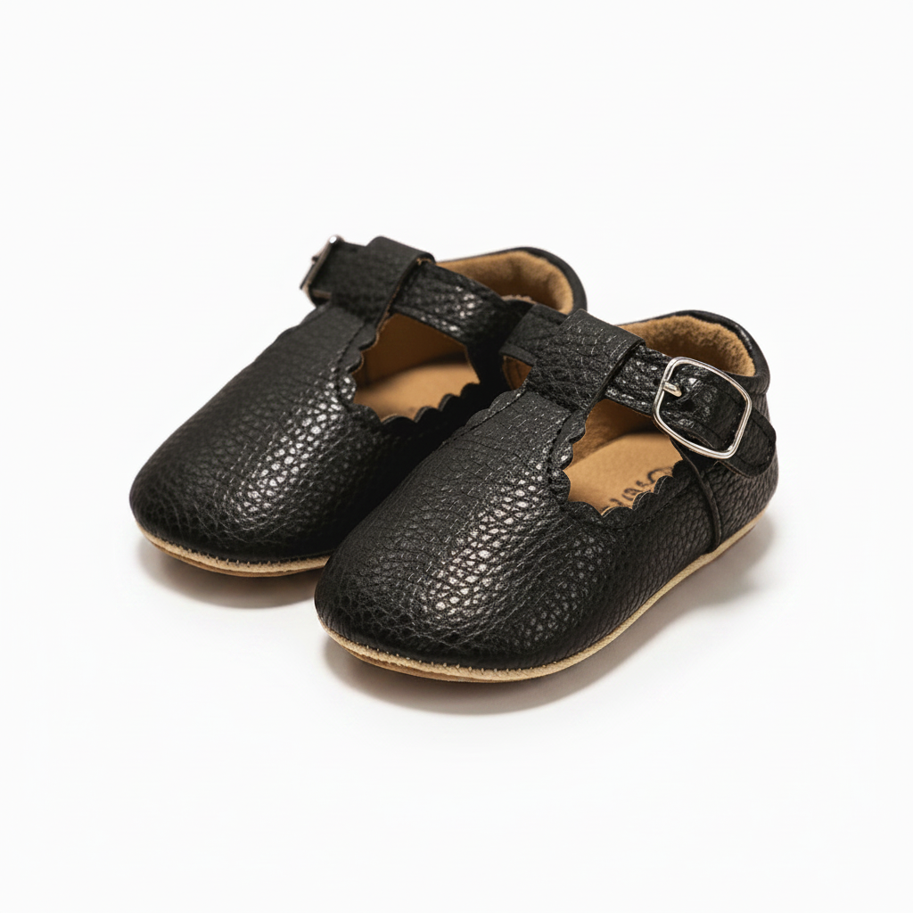 Mocassins bébé noirs en cuir PU, élégants et confortables pour les premiers pas.