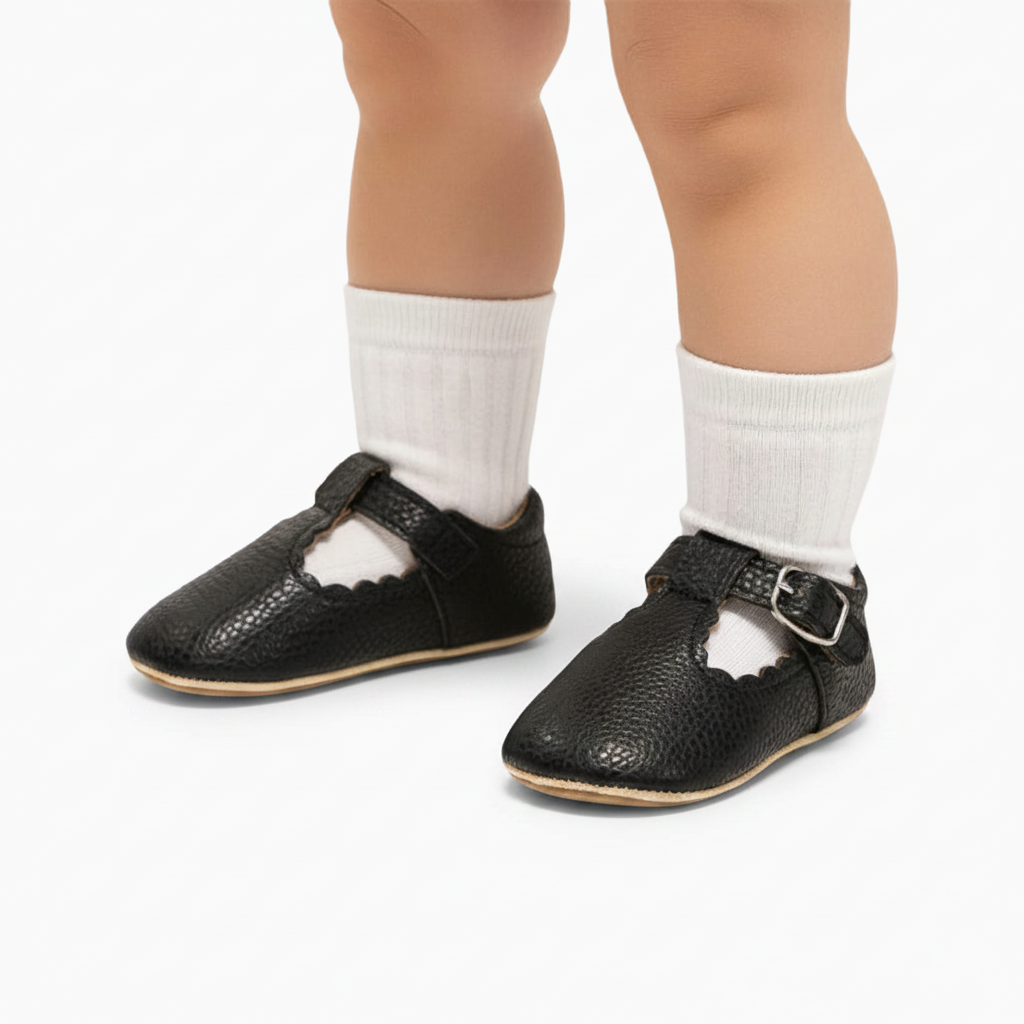 Semelle extérieure antidérapante des mocassins noirs, conçue pour la sécurité des bébés explorateurs.