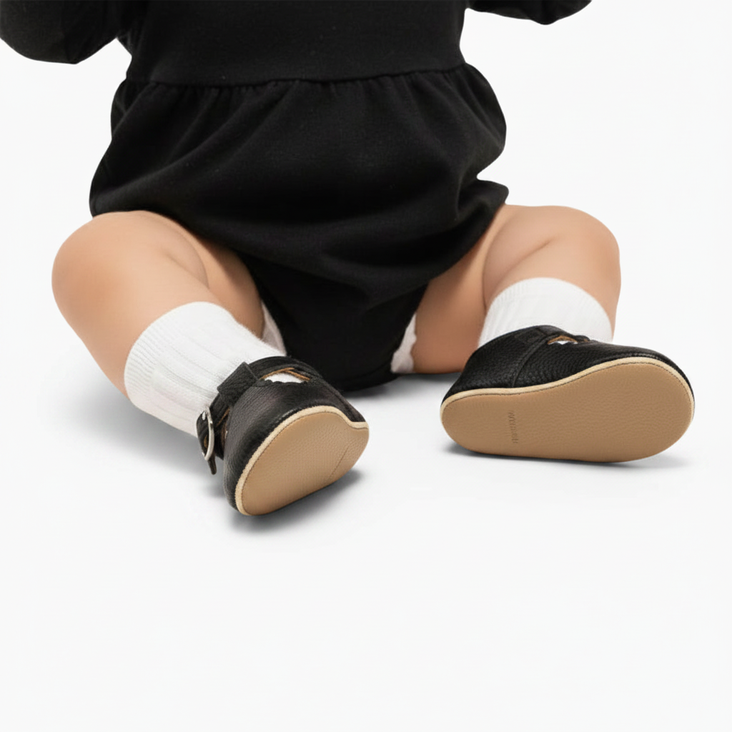 Bébé portant les mocassins noirs en cuir PU, explorant joyeusement et confortablement.